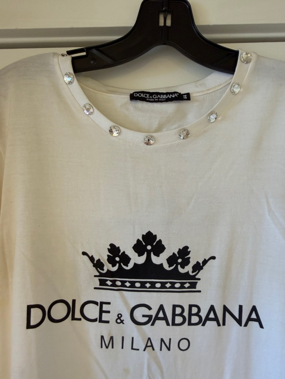 Dolce & Gabbana White Tee with Black Milano Logo and Crystal Neckline